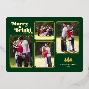 Tarjeta Festiva Con Relieve Metalizado Oro de los Navidades verdes de la foto retro de Me