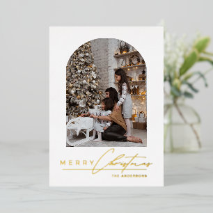 Tarjeta Festiva Con Relieve Metalizado Oro de Navidad con Arco de Letra Minimalista Moder