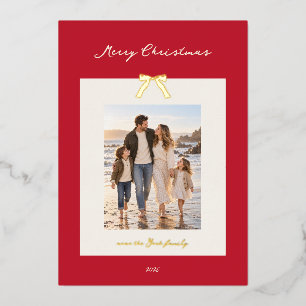 Tarjeta Festiva Con Relieve Metalizado Oro de Navidad Lazos Vintage Rojo Foto Personaliza