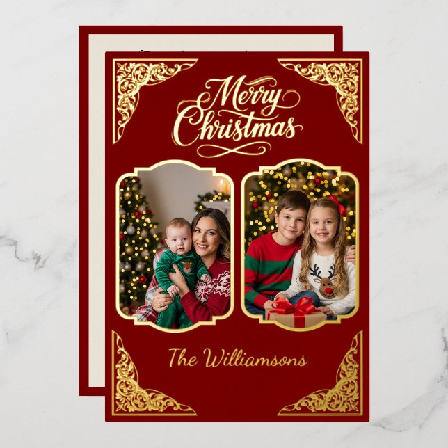 Tarjeta Festiva Con Relieve Metalizado Oro Feliz Navidad, dos picadas, rojo, oro (Anverso/Reverso)