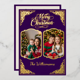 Tarjeta Festiva Con Relieve Metalizado Oro Feliz Navidad, dos púrpura, Oro
