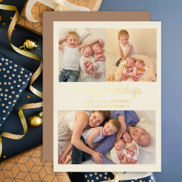 Tarjeta Festiva Con Relieve Metalizado Oro Lámina 3 Foto Felices Fiestas Familia
