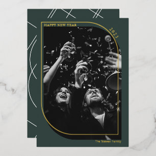 Tarjeta Festiva Con Relieve Metalizado Oro moderno año nuevo superpuesto foto moda verde