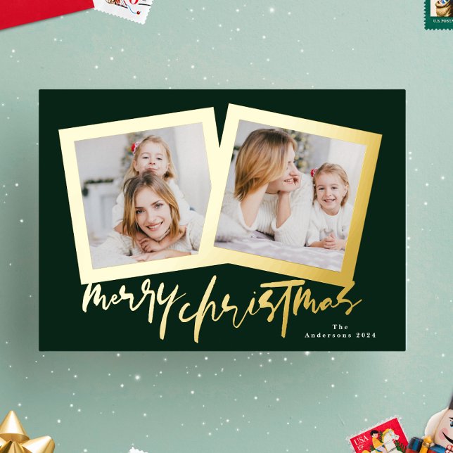 Tarjeta Festiva Con Relieve Metalizado oro moderno verde alegre navidad navidad multifoto (Subido por el creador)