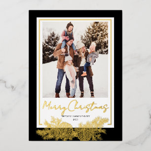 Tarjeta Festiva Con Relieve Metalizado Oro Negro Moderno Elegante Foto de Navidad Familia