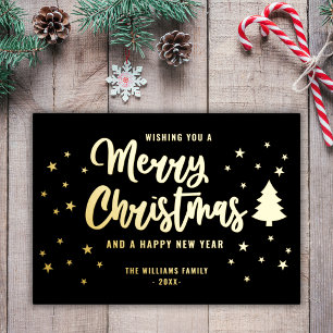 Tarjeta Festiva Con Relieve Metalizado Oro Negro Nombre de Familia No Foto Feliz Navidad