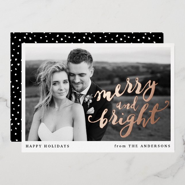 Tarjeta Festiva Con Relieve Metalizado Oro Rosa de fotos de merry y Bright (Anverso/Reverso)