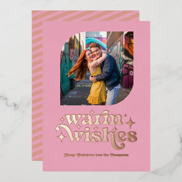 Tarjeta Festiva Con Relieve Metalizado Oro Rosa y foto de Navidades retro modernos de Rub