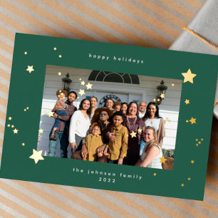 Tarjeta Festiva Con Relieve Metalizado Oro Stars Green Emerald Photo Happy Navidades