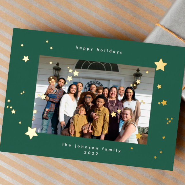 Tarjeta Festiva Con Relieve Metalizado Oro Stars Green Emerald Photo Happy Navidades (Subido por el creador)