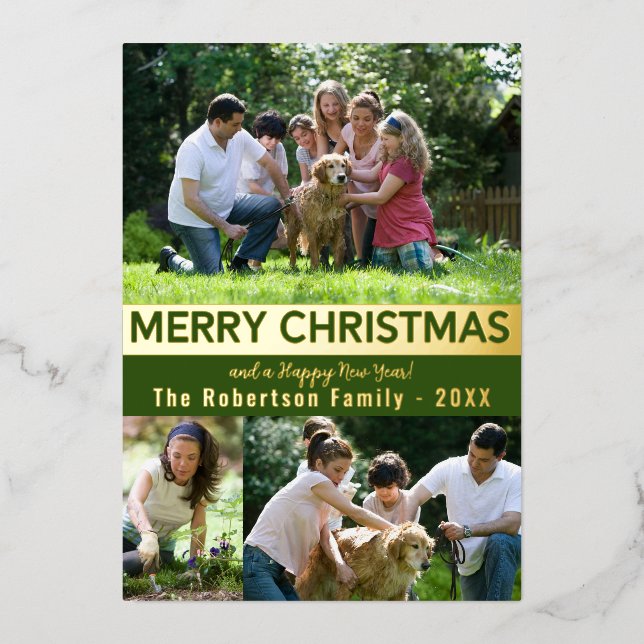 Tarjeta Festiva Con Relieve Metalizado Oro Verde Feliz Navidad Feliz Año Nuevo (Anverso)