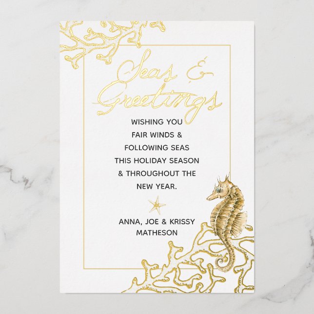 Tarjeta Festiva Con Relieve Metalizado Oro y Blanco Mares y Saludos Navideños Náuticos (Anverso)