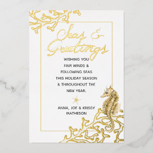 Tarjeta Festiva Con Relieve Metalizado Oro y Mares Blancos & Saludos Navideños Náuticos