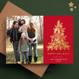 Tarjeta Festiva Con Relieve Metalizado Oro y Navidades rojos foto de árbol de pino