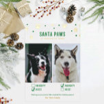 Tarjeta Festiva Con Relieve Metalizado Oro y traviesa verde o buena foto de dos perros<br><div class="desc">Cuidadas y graciosas tarjetas de vacaciones mascota! "¡Santa Paws está llegando a la ciudad",  dos tarjetas de fotos navideñas de perro con marcas de verificación traviesas o lindas y verdaderos acentos de Relieve metalizado!</div>