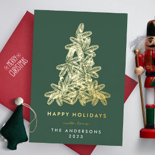 Tarjeta Festiva Con Relieve Metalizado Oro y verde Feliz Árbol de Pino de Navidad