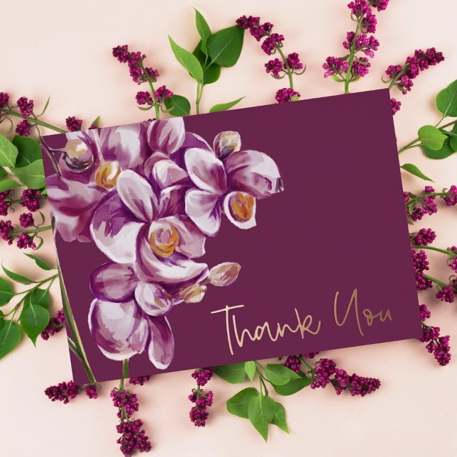 Tarjeta Festiva Con Relieve Metalizado Orquídea Púrpura Acuarela Elegante Floral Gracias (Subido por el creador)