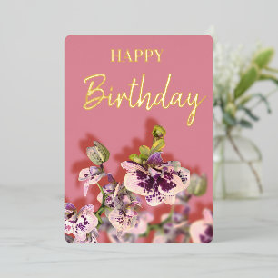 Tarjeta Festiva Con Relieve Metalizado Orquídeas Tropical Floral Cumpleaños Real Oro