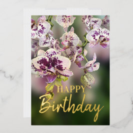 Tarjeta Festiva Con Relieve Metalizado Orquídeas Tropical Floral Feliz Cumpleaños Real Go