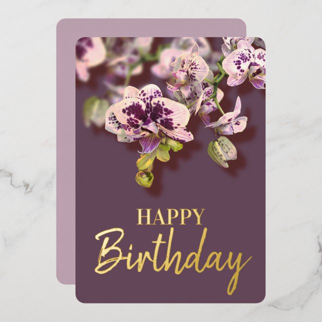 Tarjeta Festiva Con Relieve Metalizado Orquídeas Tropical Floral Feliz Cumpleaños Real Go (Anverso/Reverso)