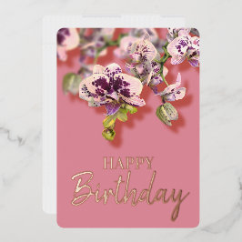 Tarjeta Festiva Con Relieve Metalizado Orquídeas Tropical Floral Feliz Cumpleaños Real Go