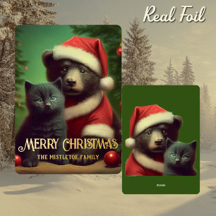 Tarjeta Festiva Con Relieve Metalizado Oso vintage de hoja real y gatito negro Navidad