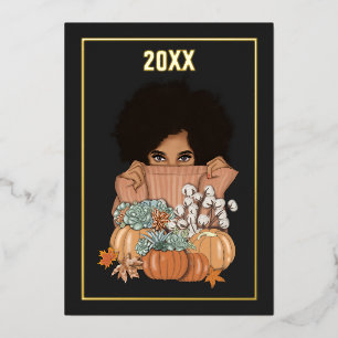 Tarjeta Festiva Con Relieve Metalizado Otoño Estacional Negro y Dorado