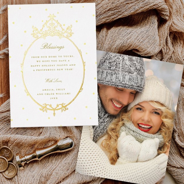 Tarjeta Festiva Con Relieve Metalizado Oval French Frame Navidad Foto Gold (Front & Back)