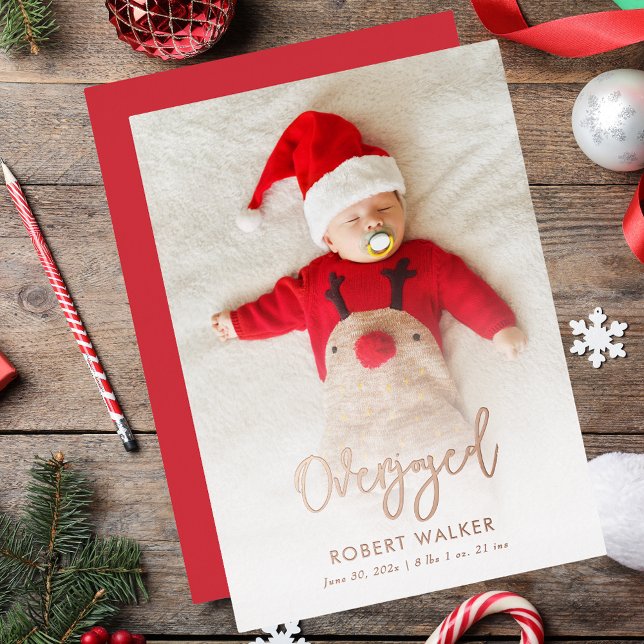 Tarjeta Festiva Con Relieve Metalizado Overjoyed Baby Photo Christmas Birth (Overjoyed Baby Photo Christmas Birth Foil Holiday Card)