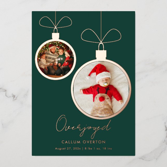 Tarjeta Festiva Con Relieve Metalizado Overjoyed Christmas Baby Photo (Anverso)