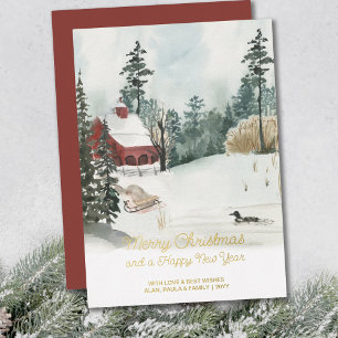 Tarjeta Festiva Con Relieve Metalizado Paisaje invernal en acuarela de Navidad blanca con