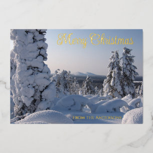 Tarjeta Festiva Con Relieve Metalizado Paisaje invernal nevado Feliz Navidad