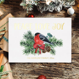 Tarjeta Festiva Con Relieve Metalizado Pájaro Robin de papel de oro Paz Amor Alegría Navi