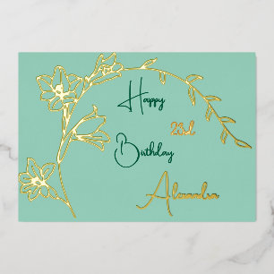 Tarjeta Festiva Con Relieve Metalizado Paleta floral simple verde y dorado cumpleaños