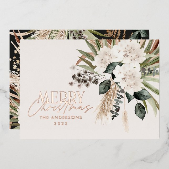 Tarjeta Festiva Con Relieve Metalizado Pampas pasto eucalipto moody boho moderno (Anverso/Reverso)