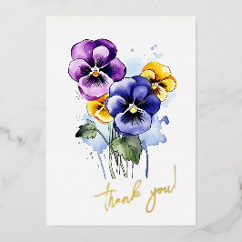 Tarjeta Festiva Con Relieve Metalizado Pansy Flower "Gracias" Editable
