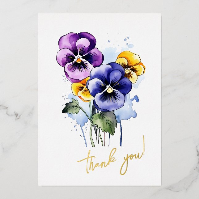 Tarjeta Festiva Con Relieve Metalizado Pansy Flower "Gracias" Editable (Anverso)