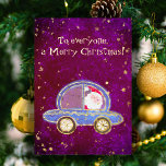 Tarjeta Festiva Con Relieve Metalizado Papá Noel en su coche para los Navidades<br><div class="desc">¡Un lindo Santa en un auto brillante bajo la nieve conduciendo a tu casa! ¡Es perfecto para desear una Feliz Navidad a los más pequeños o a los más grandes! Mensaje: A todos,  Feliz Navidad,  personalizable en el editor de Zazzle.</div>