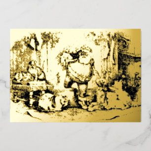 Tarjeta Festiva Con Relieve Metalizado Papá Noel Vintage con Navidades de gatos y perros