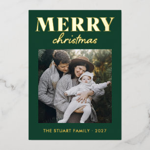 Tarjeta Festiva Con Relieve Metalizado Papel de Oro Feliz Navidad Foto Familiar Moderno V