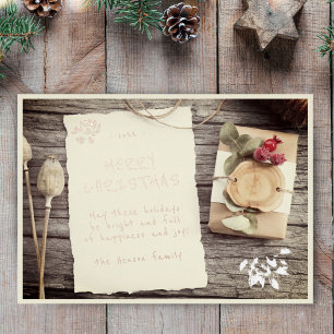 Tarjeta Festiva Con Relieve Metalizado Papel viejo rústico Pergamino Madera Navidad 