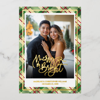 Tarjeta Festiva Con Relieve Metalizado Pareja Alegre y Brillante Plaid de Navidad