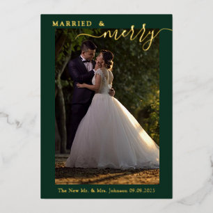 Tarjeta Festiva Con Relieve Metalizado Pareja Casada y Alegre Foto del 1er Navidad en Oro
