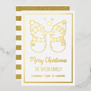 Tarjeta Festiva Con Relieve Metalizado Pareja de muñecos de nieve elegantes personalizado