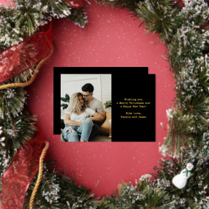 Tarjeta Festiva Con Relieve Metalizado Pareja de tipografía simple Foto Navidad en negro