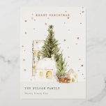 Tarjeta Festiva Con Relieve Metalizado Pastel Casas de Árboles de Nieve Blanca Feliz Navi<br><div class="desc">Si necesitas más personalización,  por favor,  no dudes en enviarme un mensaje a yellowfebstudio@gmail.com.</div>