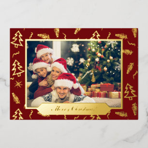 Tarjeta Festiva Con Relieve Metalizado Patrón de árbol de navidad rojo foto oro