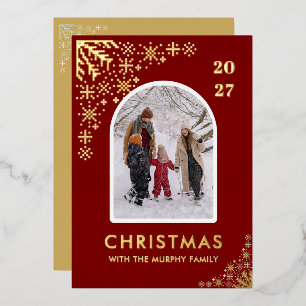 Tarjeta Festiva Con Relieve Metalizado Patrón de arco de copos de nieve de Navidad foto f