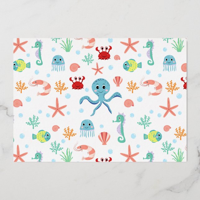 Tarjeta Festiva Con Relieve Metalizado Patrón del mundo marino (Anverso)