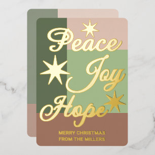 Tarjeta Festiva Con Relieve Metalizado Paz Alegría Esperanza Colores Terrosos Retro Oro N
